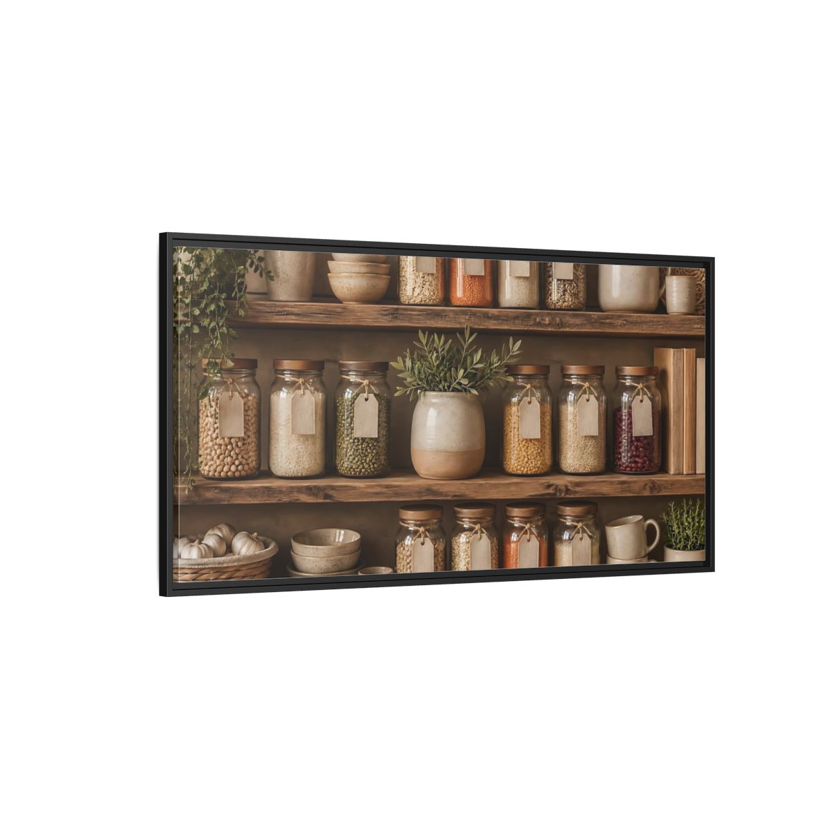Side Mockup 5. Rustic Pantry Shelf Display shown as framed canvas print