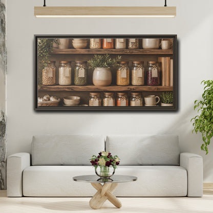 Mockup 2. Rustic Pantry Shelf Display shown as framed canvas print