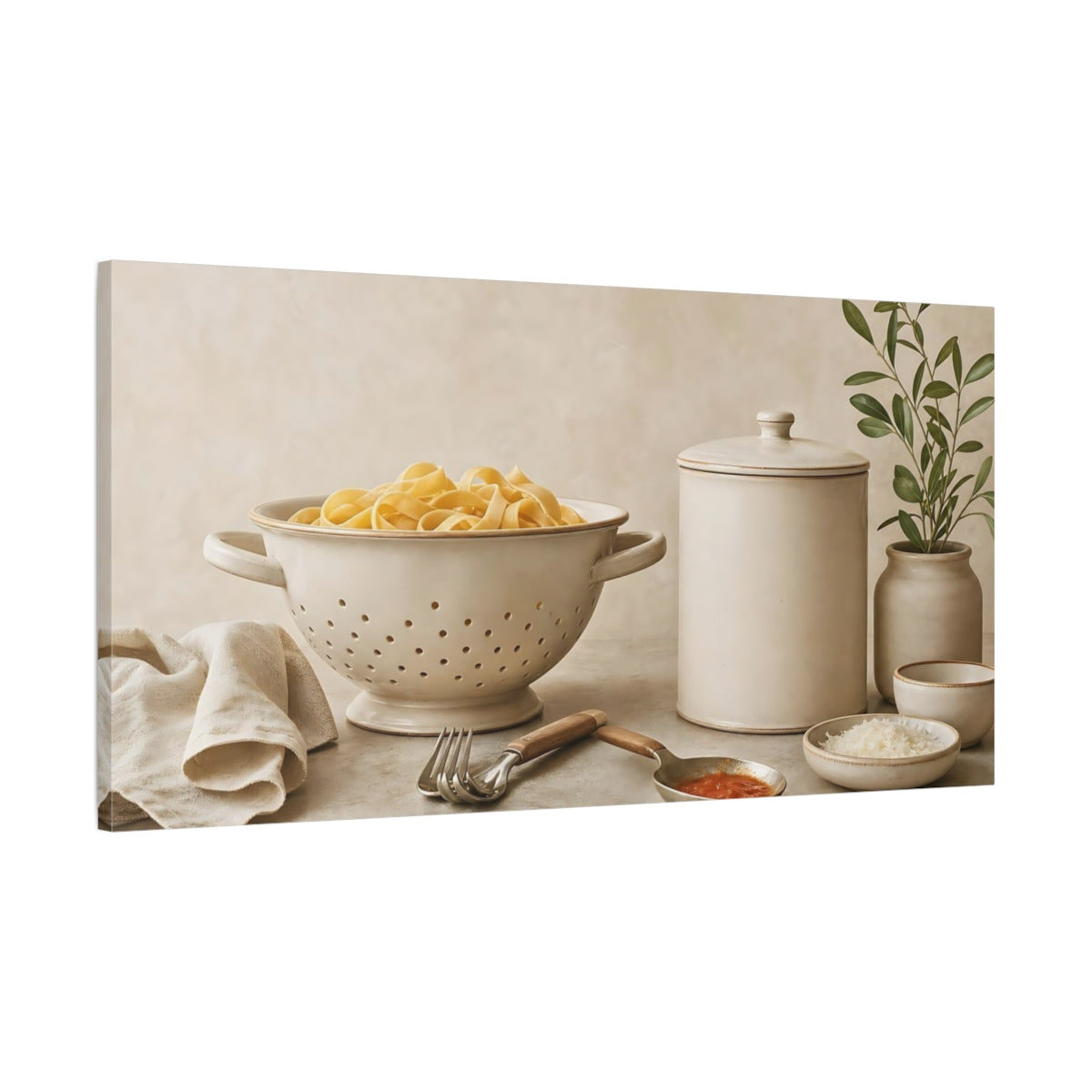 Main Mockup. Rustic Pasta Kitchen Scene shown as canvas print