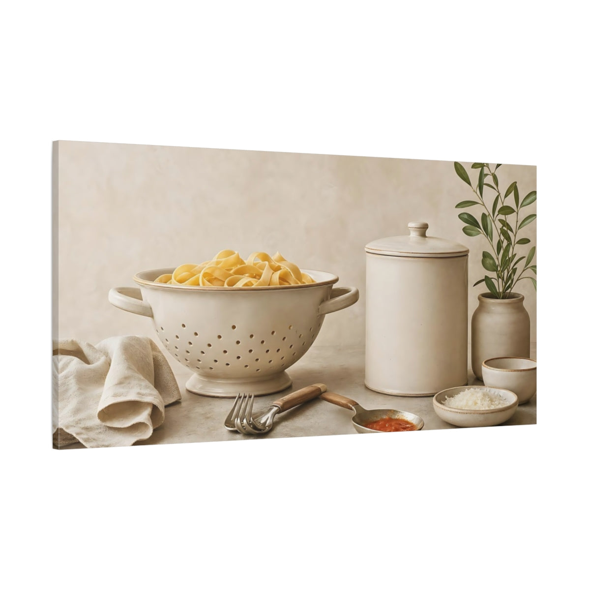 Side Mockup 2. Rustic Pasta Kitchen Scene shown as canvas print