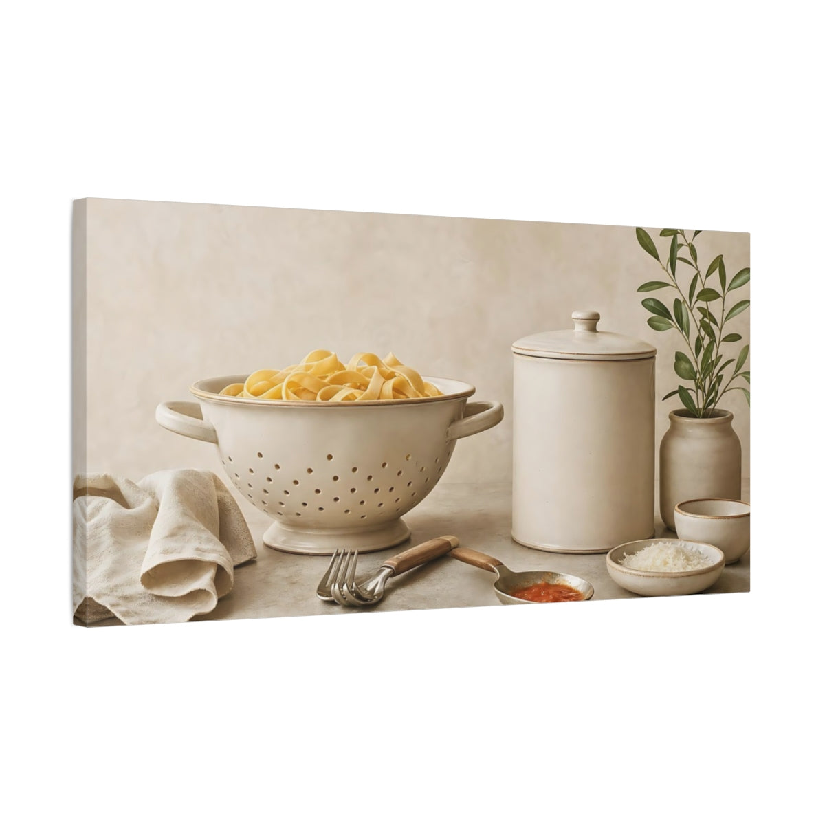 Side Mockup 1. Rustic Pasta Kitchen Scene shown as canvas print