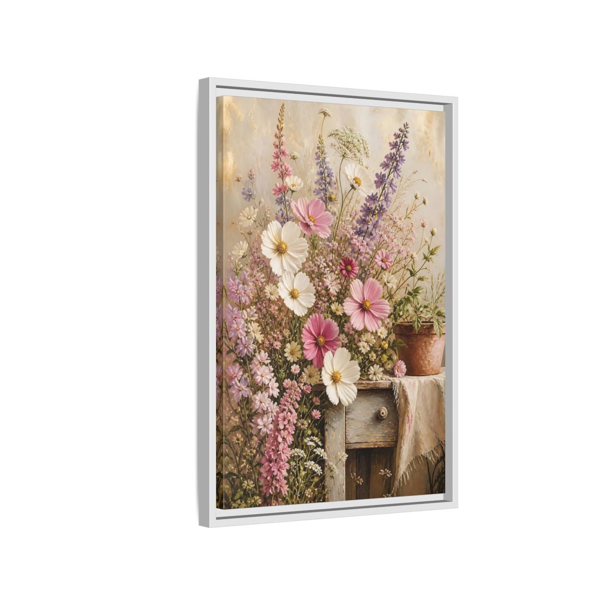 Side Mockup 1. Rustic Pink Wildflower Bouquet shown as framed canvas print