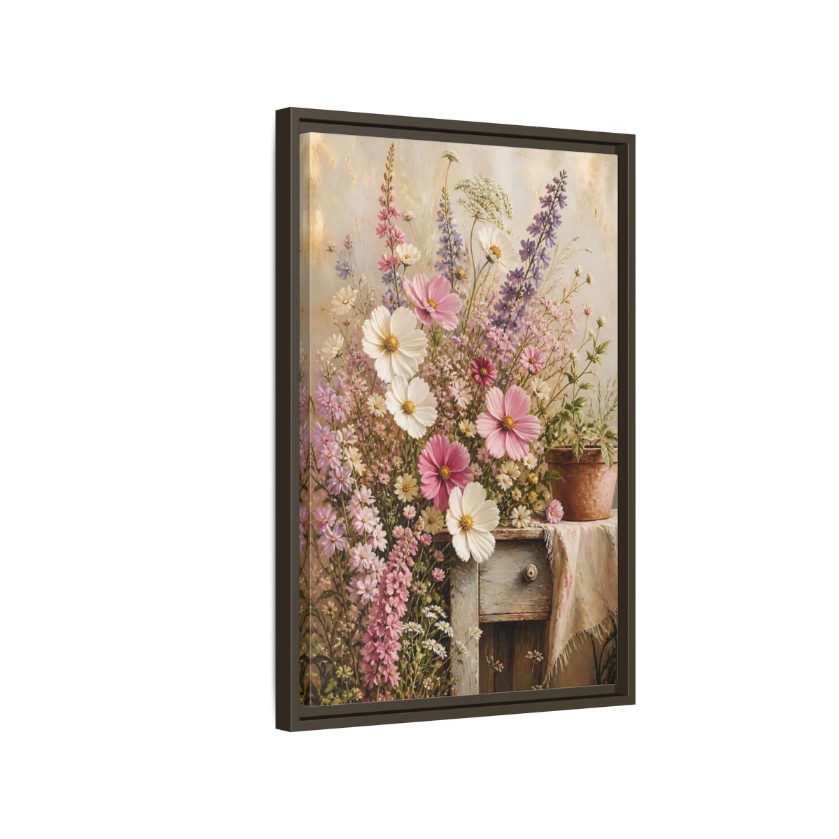Side Mockup 2. Rustic Pink Wildflower Bouquet shown as framed canvas print
