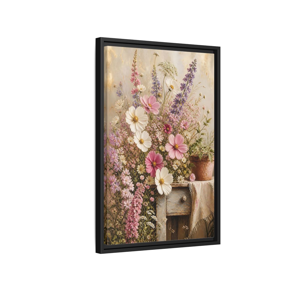 Side Mockup 3. Rustic Pink Wildflower Bouquet shown as framed canvas print