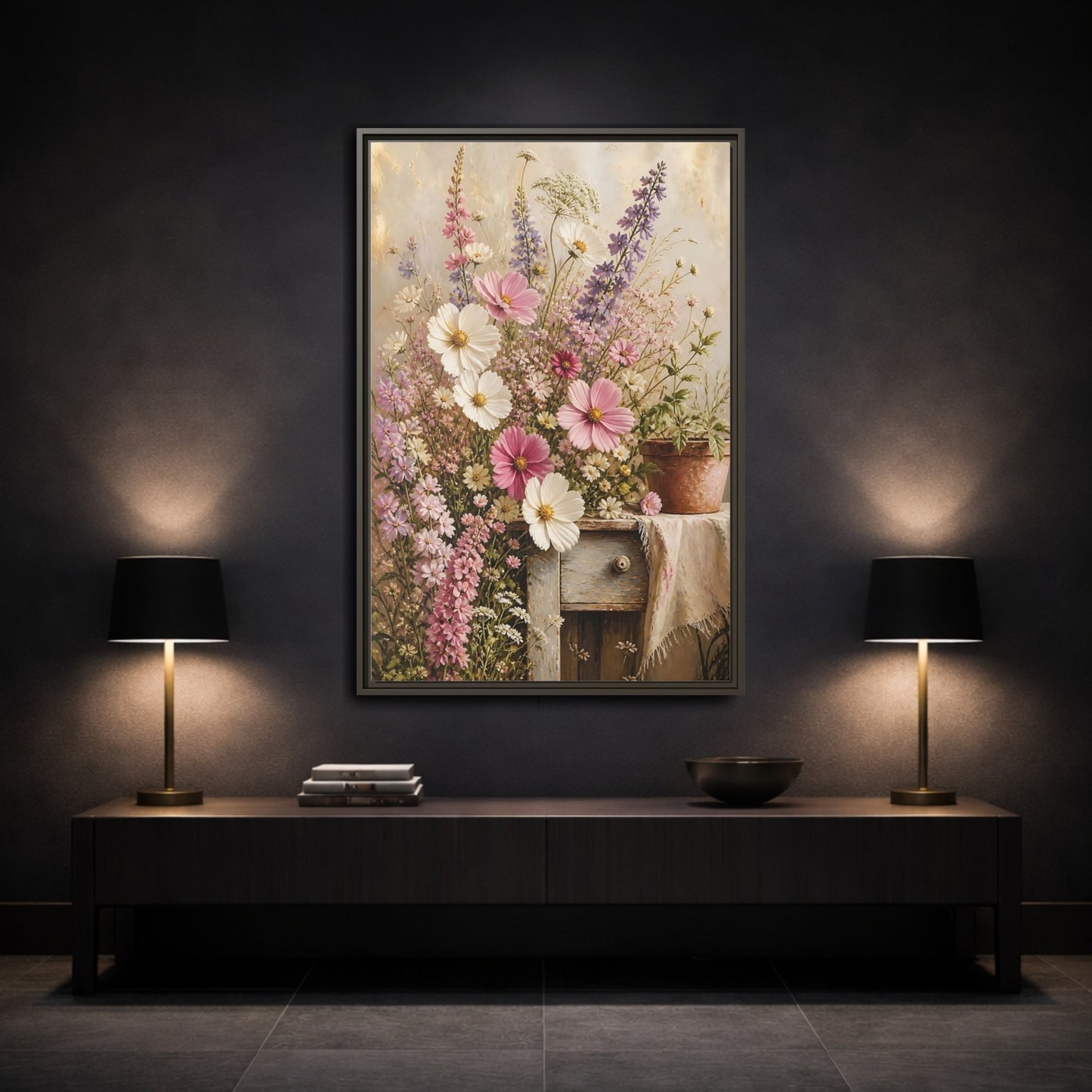 Mockup 3. Rustic Pink Wildflower Bouquet shown as framed canvas print
