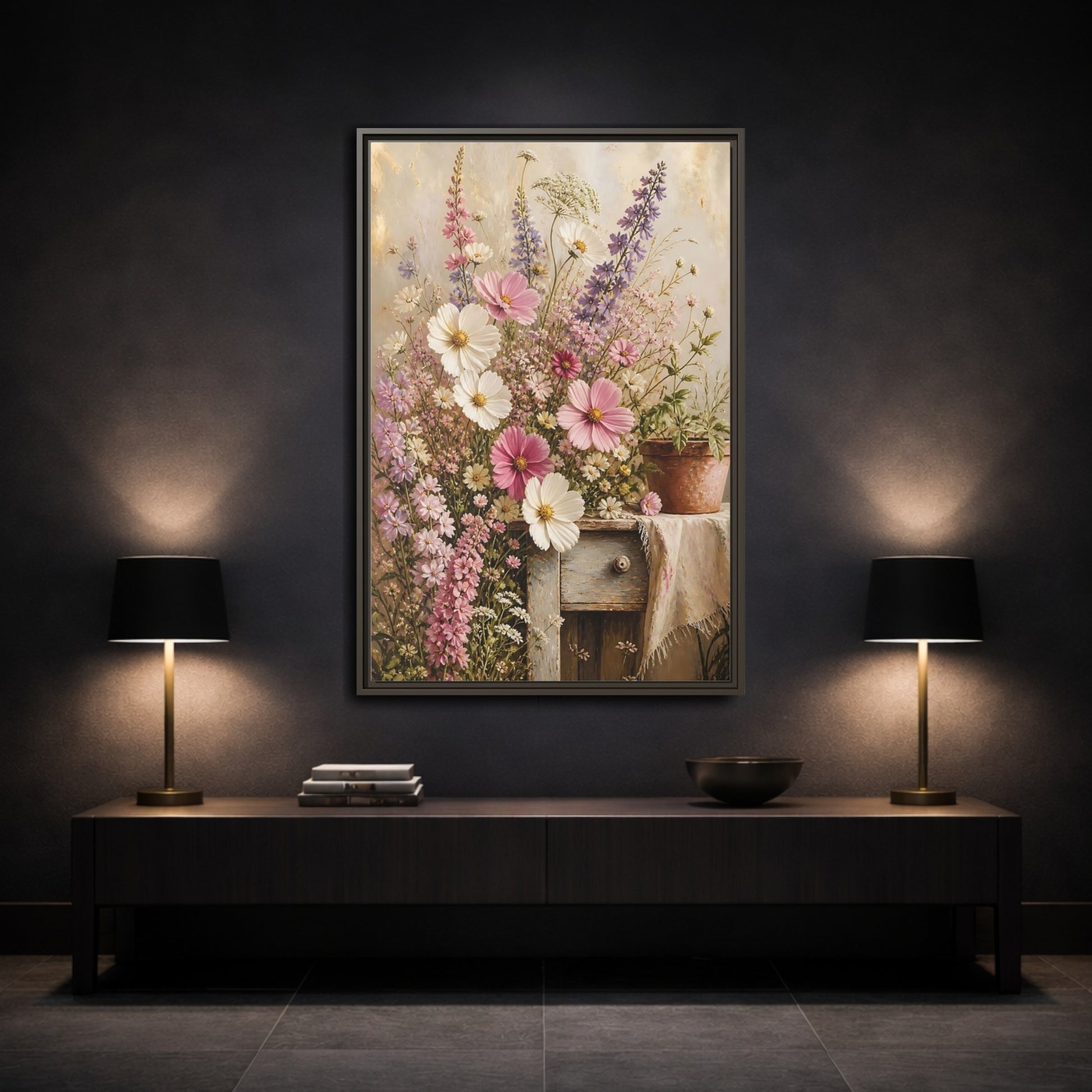 Mockup 3. Rustic Pink Wildflower Bouquet shown as framed canvas print