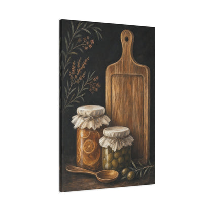 Main Mockup. Rustic Preserves And Olives shown as canvas print