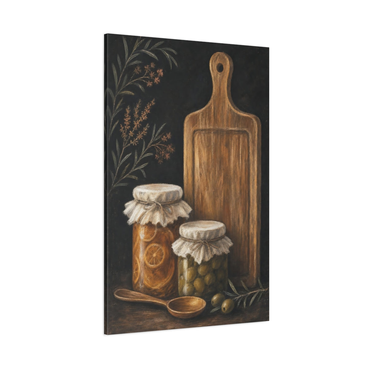 Side Mockup 1. Rustic Preserves And Olives shown as canvas print