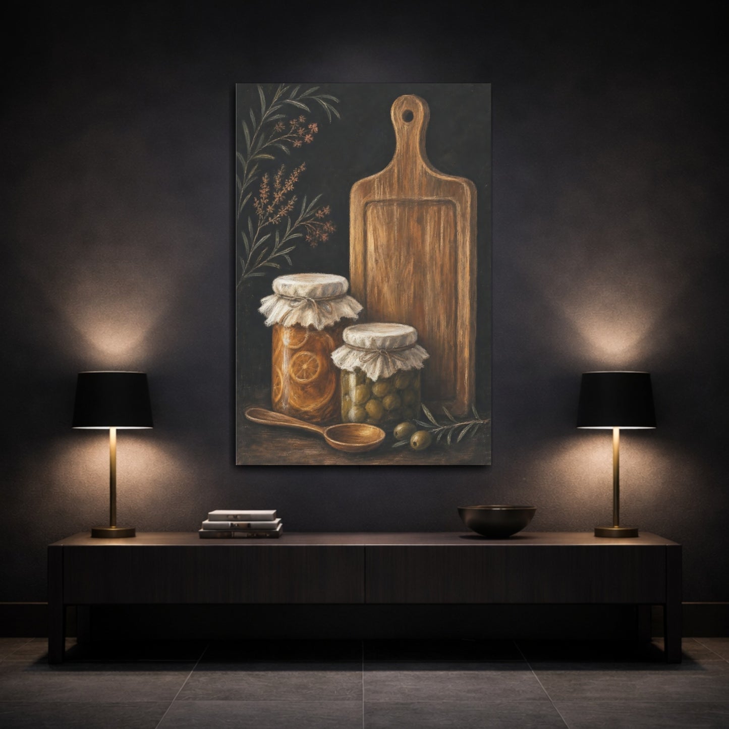 Mockup 3. Rustic Preserves And Olives shown as canvas print
