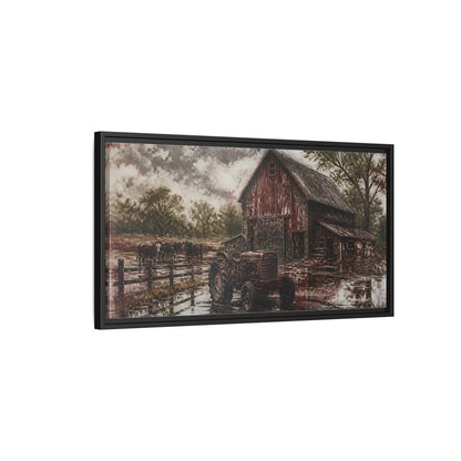 Side Mockup 2. Rustic Red Barn shown as framed canvas print
