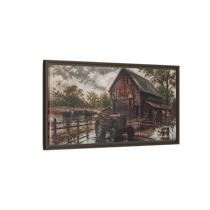 Main Mockup. Rustic Red Barn shown as framed canvas print