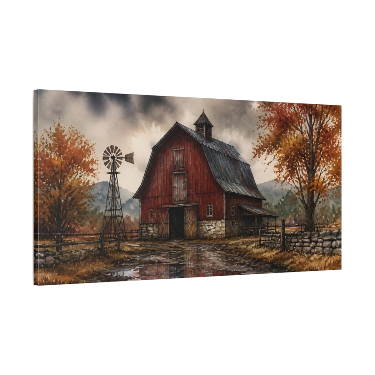 Main Mockup. Rustic Red Barn Reflections shown as canvas print