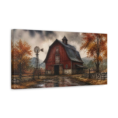 Side Mockup 3. Rustic Red Barn Reflections shown as canvas print