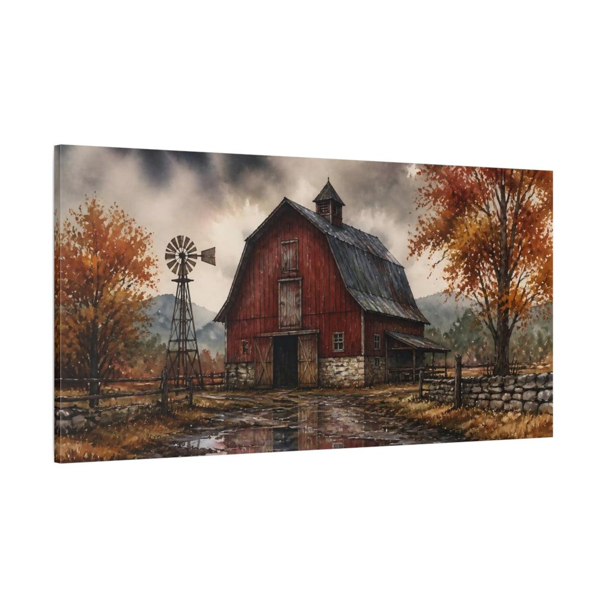 Side Mockup 2. Rustic Red Barn Reflections shown as canvas print