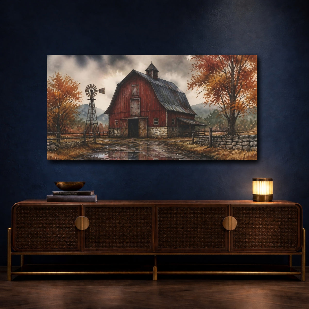 Mockup 4. Rustic Red Barn Reflections shown as canvas print