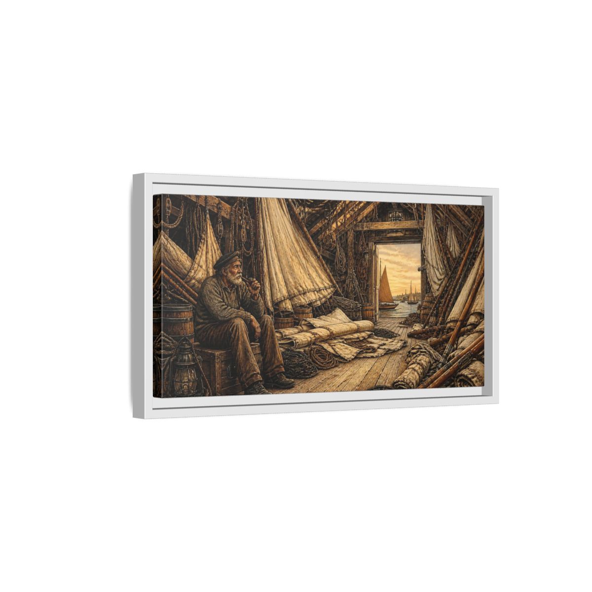 Side Mockup 6. Rustic Sailor In Loft shown as framed canvas print