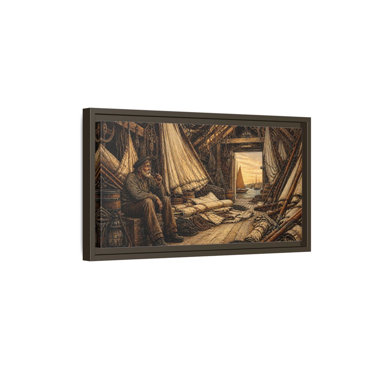 Side Mockup 7. Rustic Sailor In Loft shown as framed canvas print