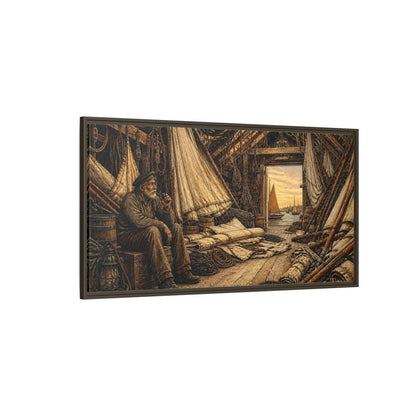 Side Mockup 4. Rustic Sailor In Loft shown as framed canvas print