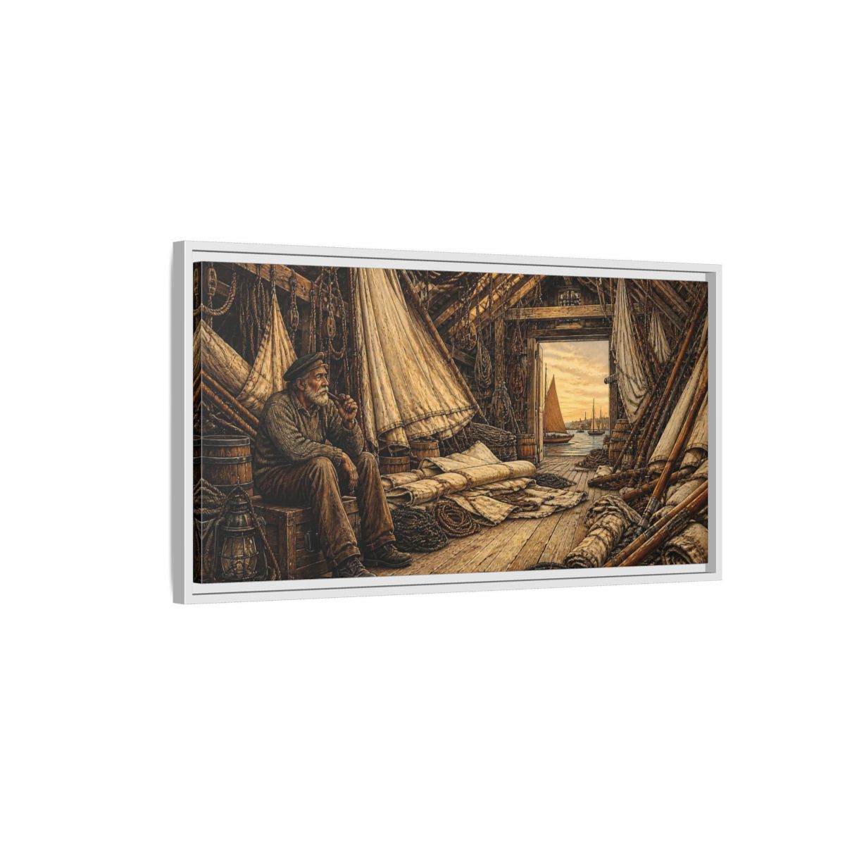 Side Mockup 1. Rustic Sailor In Loft shown as framed canvas print
