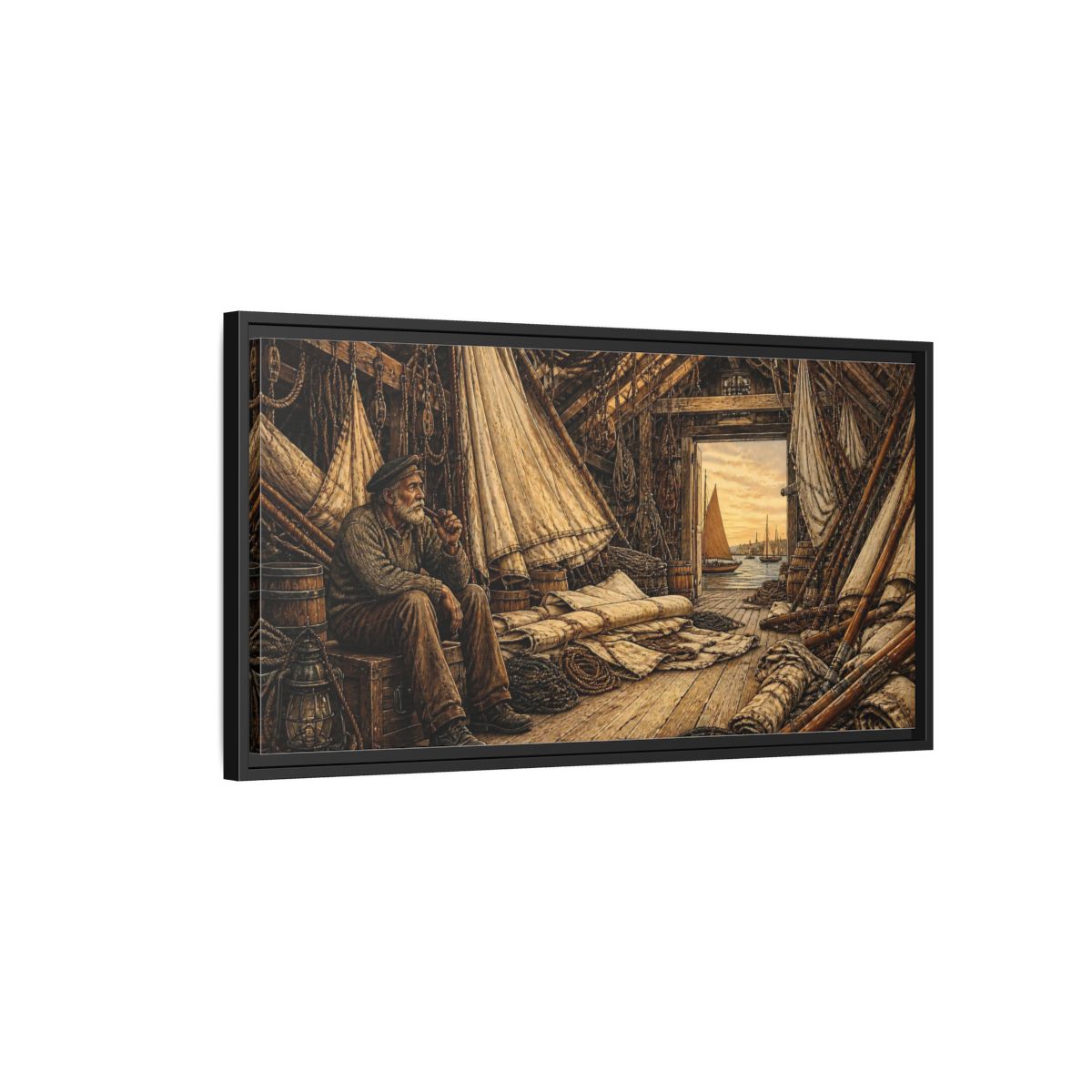 Side Mockup 2. Rustic Sailor In Loft shown as framed canvas print
