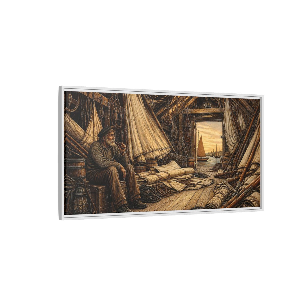 Side Mockup 3. Rustic Sailor In Loft shown as framed canvas print