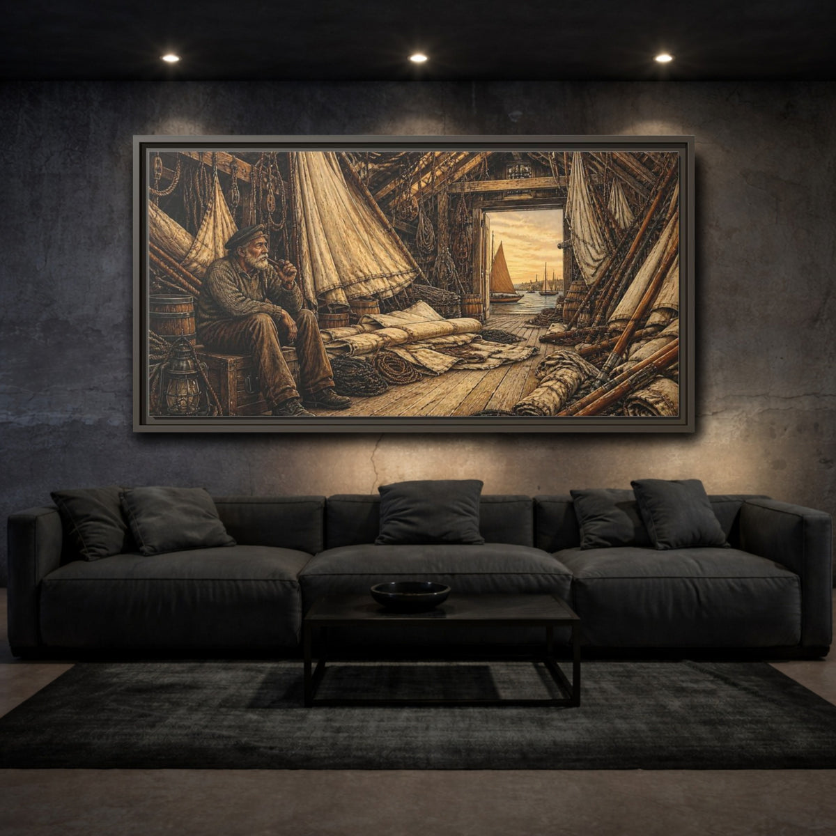 Mockup 3. Rustic Sailor In Loft shown as framed canvas print