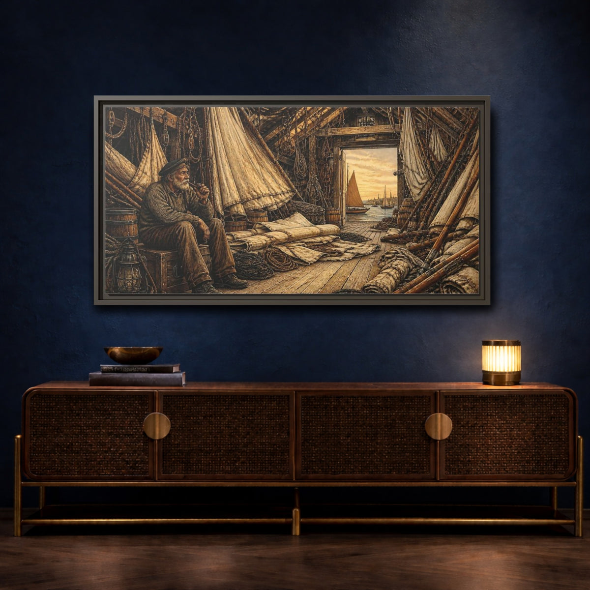 Mockup 4. Rustic Sailor In Loft shown as framed canvas print