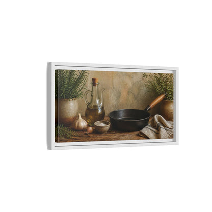 Side Mockup 6. Rustic Skillet And Herbs shown as framed canvas print