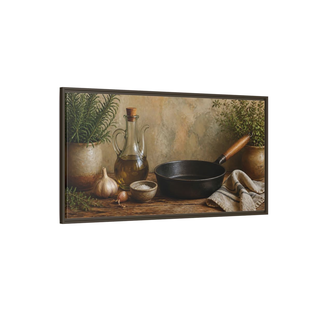 Side Mockup 4. Rustic Skillet And Herbs shown as framed canvas print