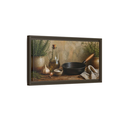 Side Mockup 7. Rustic Skillet And Herbs shown as framed canvas print