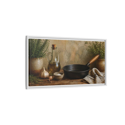 Side Mockup 1. Rustic Skillet And Herbs shown as framed canvas print