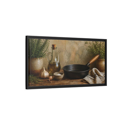 Side Mockup 2. Rustic Skillet And Herbs shown as framed canvas print