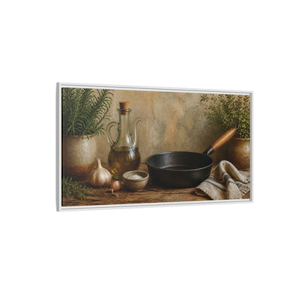 Side Mockup 3. Rustic Skillet And Herbs shown as framed canvas print