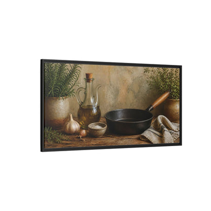 Side Mockup 5. Rustic Skillet And Herbs shown as framed canvas print