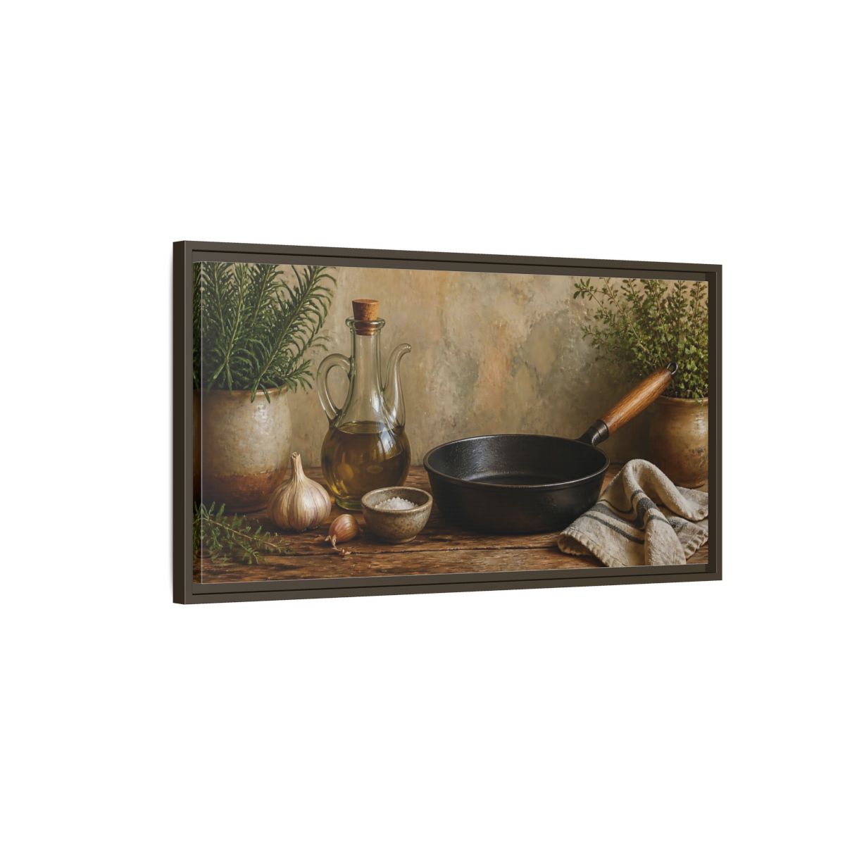 Main Mockup. Rustic Skillet And Herbs shown as framed canvas print