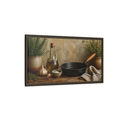 Main Mockup. Rustic Skillet And Herbs shown as framed canvas print