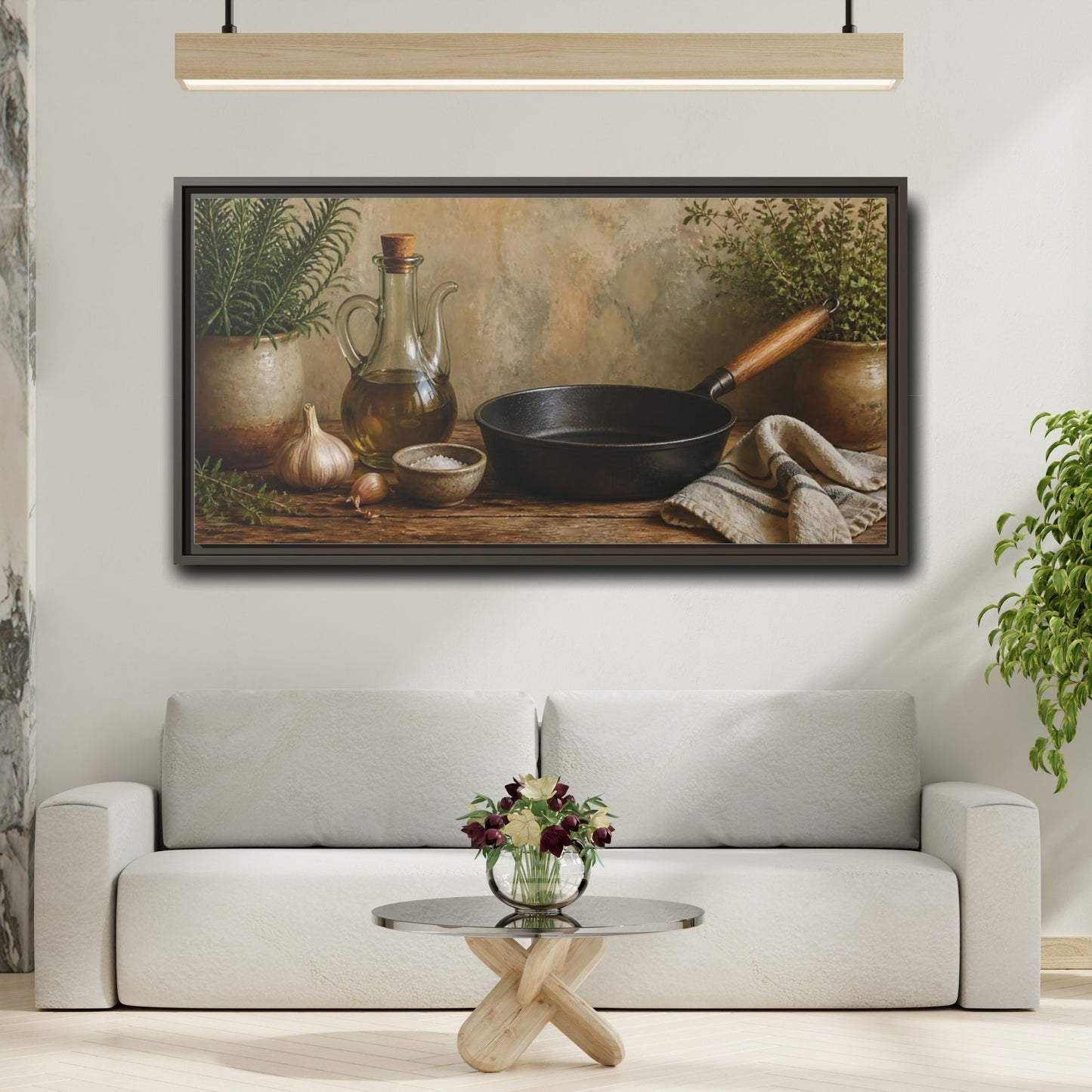Mockup 2. Rustic Skillet And Herbs shown as framed canvas print