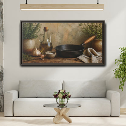 Mockup 2. Rustic Skillet And Herbs shown as framed canvas print