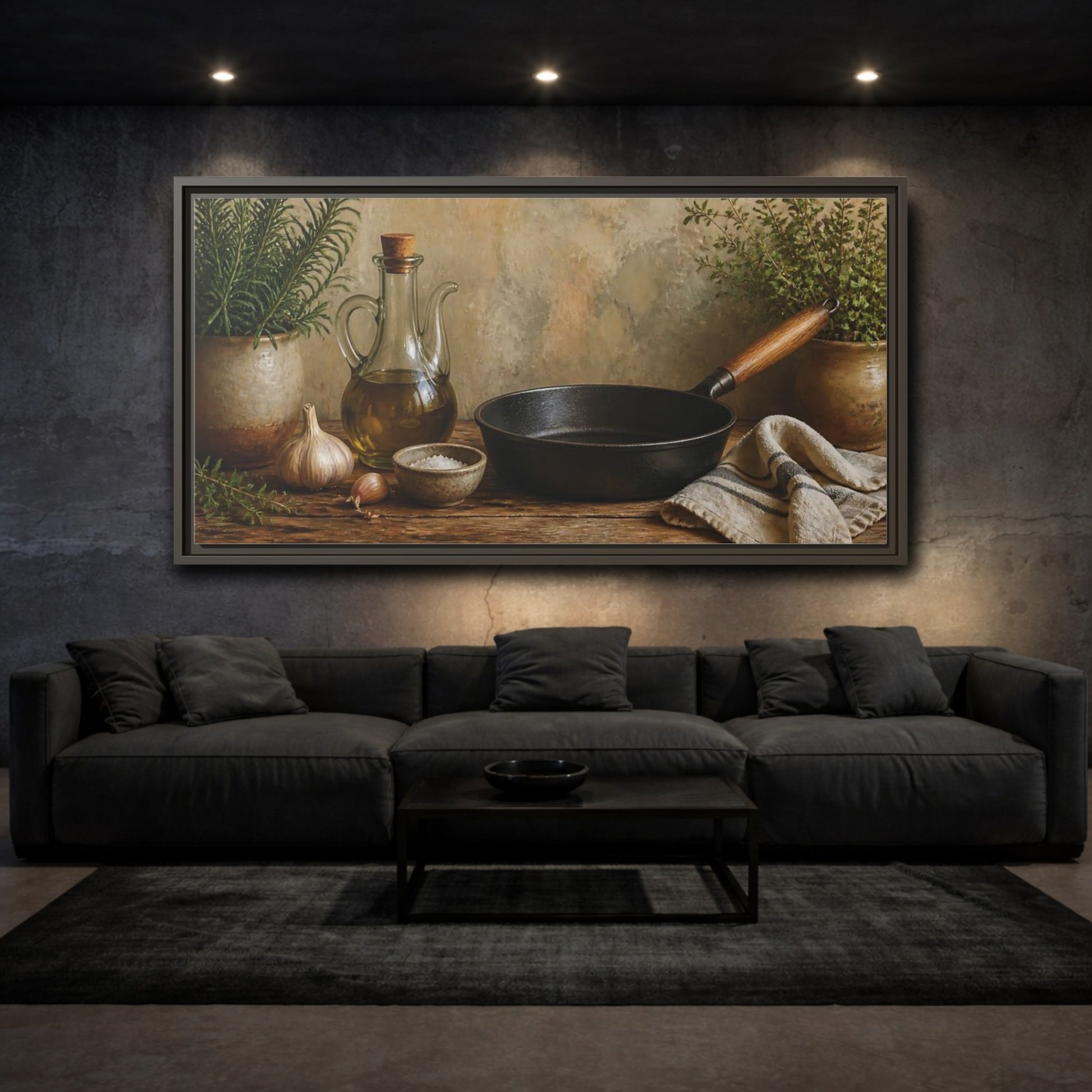 Mockup 3. Rustic Skillet And Herbs shown as framed canvas print