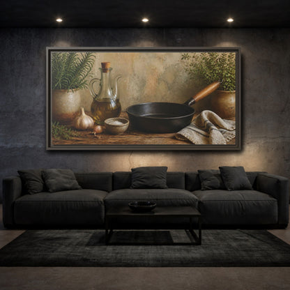 Mockup 3. Rustic Skillet And Herbs shown as framed canvas print