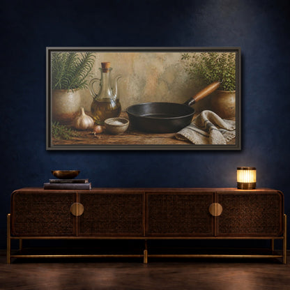 Mockup 4. Rustic Skillet And Herbs shown as framed canvas print