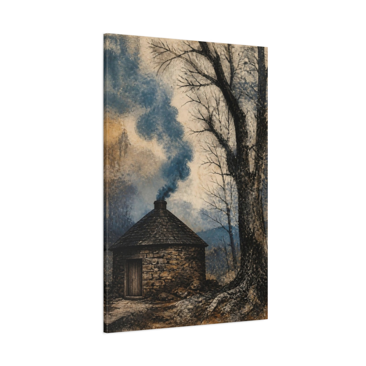 Side Mockup 1. Rustic Smokehouse Blue Smoke shown as canvas print