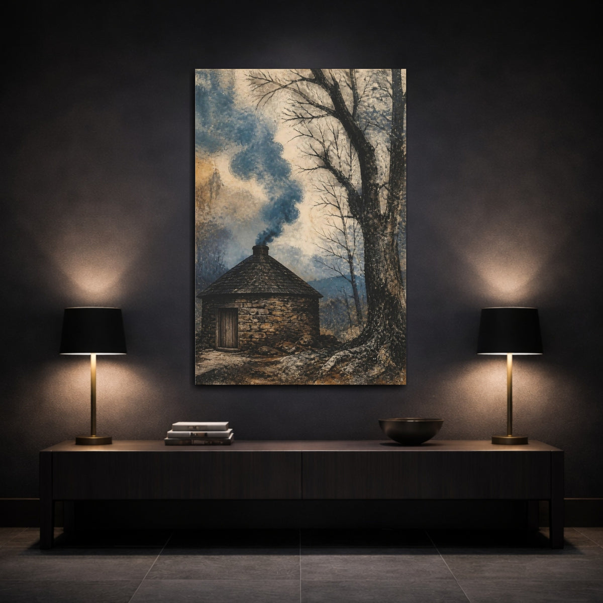 Mockup 3. Rustic Smokehouse Blue Smoke shown as canvas print