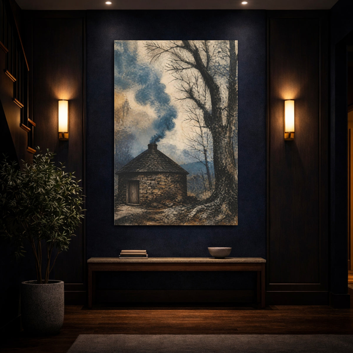 Mockup 4. Rustic Smokehouse Blue Smoke shown as canvas print