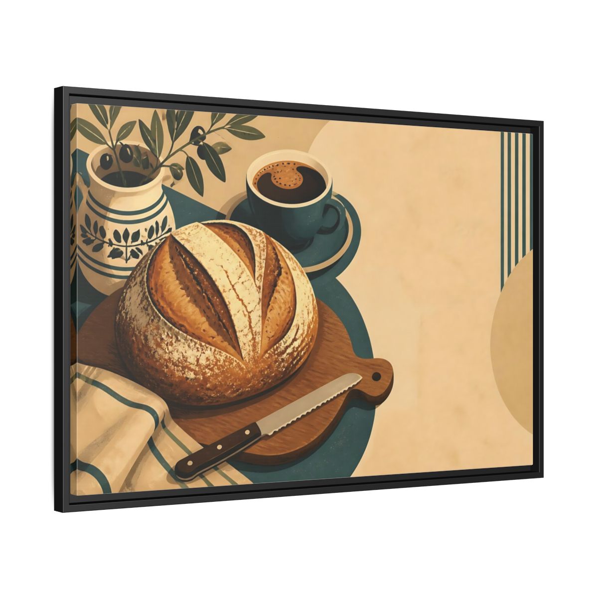 Side Mockup 13. Rustic Sourdough And Coffee shown as framed canvas print