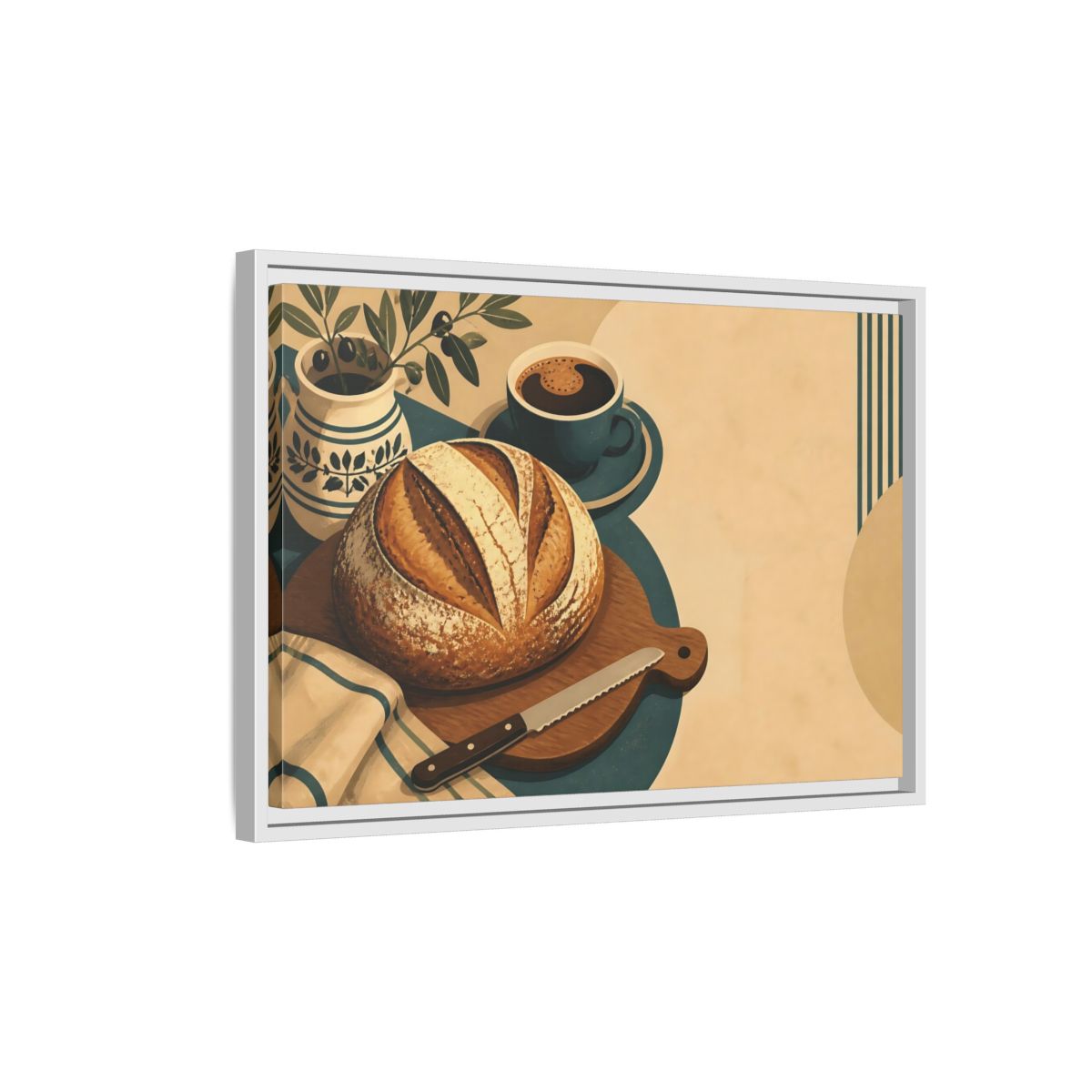 Side Mockup 1. Rustic Sourdough And Coffee shown as framed canvas print