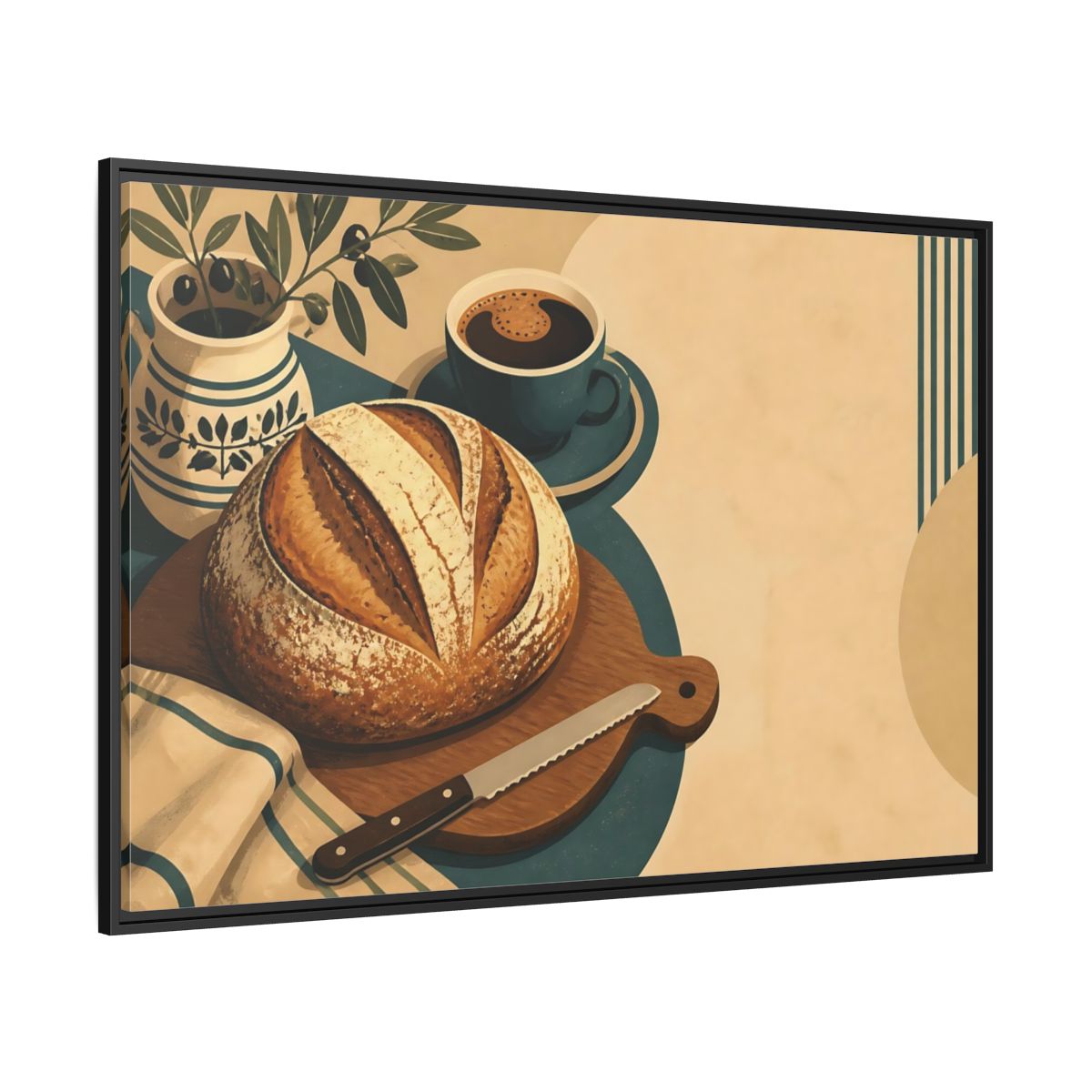 Side Mockup 12. Rustic Sourdough And Coffee shown as framed canvas print