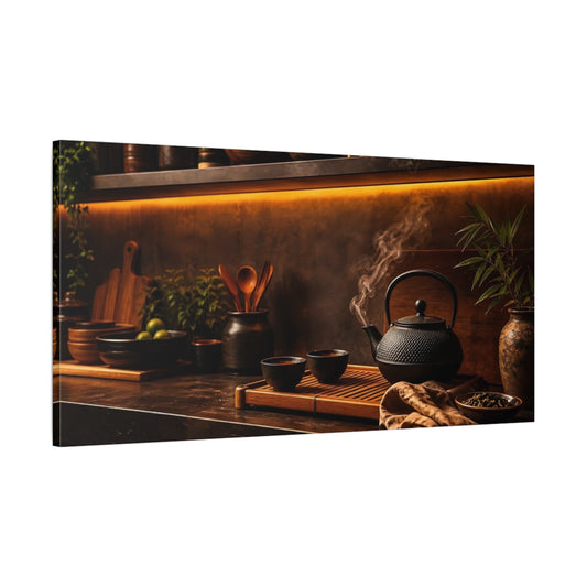 Main Mockup. Rustic Steaming Teapot shown as canvas print