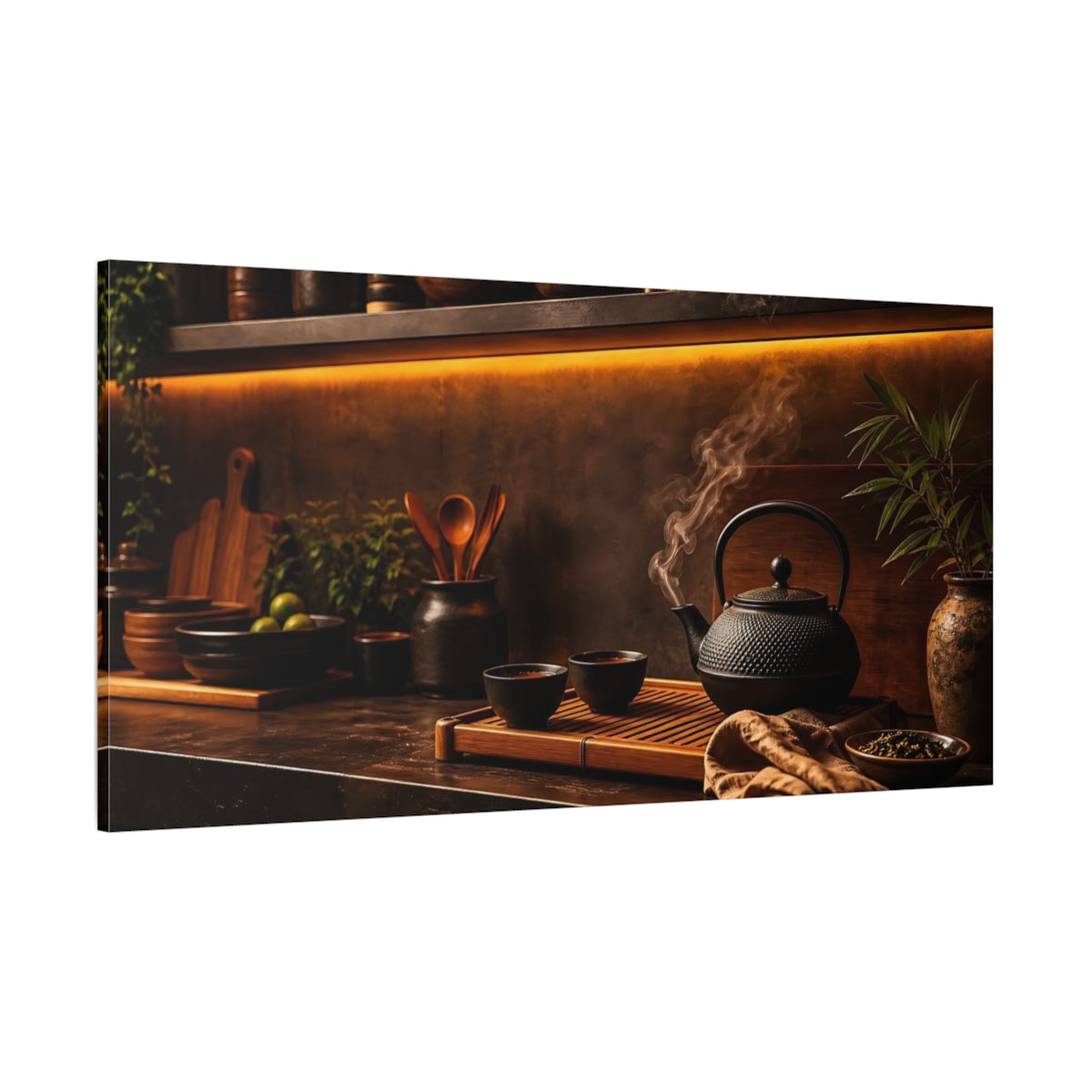 Side Mockup 2. Rustic Steaming Teapot shown as canvas print