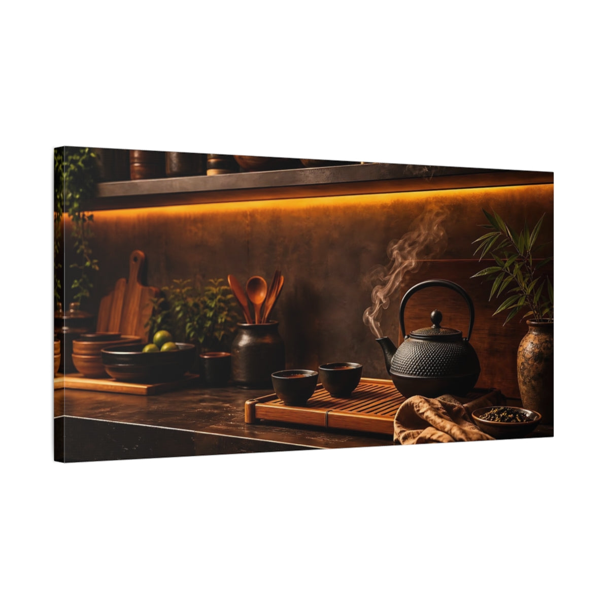 Side Mockup 1. Rustic Steaming Teapot shown as canvas print